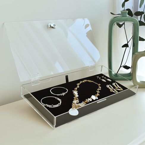 MOOCA Acrylic Rectangular Marketing Holder Locking Security Showcase Safe Box Display Tray, Perfect for Watches Jewelry, Knives, Eyewear with a Key and a Black Padding in Kuwait