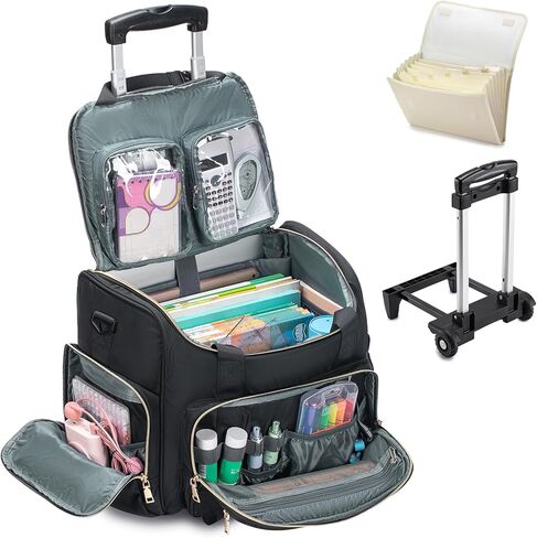 KSIBNW Rolling Laptop Bag for Women, Wheeled Teacher Tote Bag with Accordion Folder Waterproof Briefcases with 17 Inch Laptop Compartment and Detachable Dolly for Office, Work, Craft, Black in Kuwait