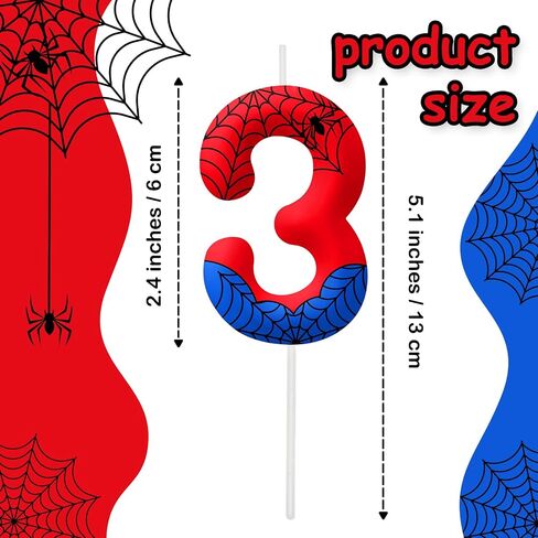 Red Blue Spider شمعة عيد الميلاد الثالث للفتيان الفتيات - زخارف كعكة حفلة عيد ميلاد ، رقم 3 كعكة توببر ، العنكبوت الكاريكاتير تحت عنوان الحفلات ديكور الأطفال لوازم الحفلات in Kuwait