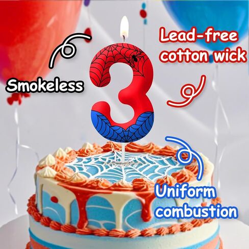 Red Blue Spider شمعة عيد الميلاد الثالث للفتيان الفتيات - زخارف كعكة حفلة عيد ميلاد ، رقم 3 كعكة توببر ، العنكبوت الكاريكاتير تحت عنوان الحفلات ديكور الأطفال لوازم الحفلات in Kuwait