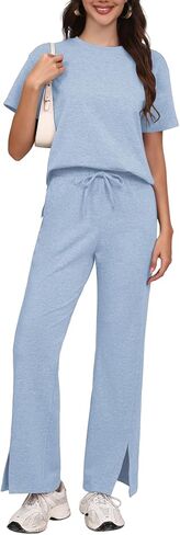Women's Two Piece Outfit Short Sleeve Tee and Wide Leg Pants Set – Soft Fabric Drawstring Waist Split Hem Casual Tracksuit in Kuwait