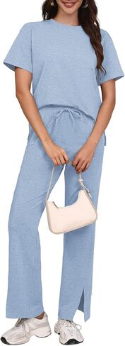 Women's Two Piece Outfit Short Sleeve Tee and Wide Leg Pants Set – Soft Fabric Drawstring Waist Split Hem Casual Tracksuit in Kuwait