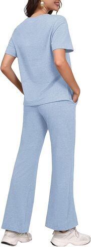 Women's Two Piece Outfit Short Sleeve Tee and Wide Leg Pants Set – Soft Fabric Drawstring Waist Split Hem Casual Tracksuit in Kuwait