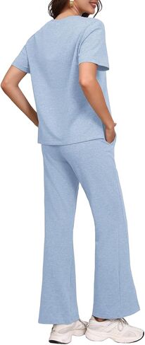 Women's Two Piece Outfit Short Sleeve Tee and Wide Leg Pants Set – Soft Fabric Drawstring Waist Split Hem Casual Tracksuit in Kuwait