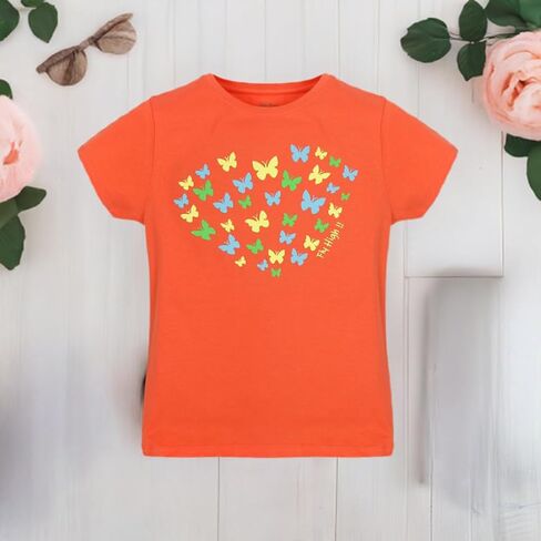 Girls Cotton Crew Round Rib Neck Short Sleeve T-Shirts, Green, Orange red, Turquois in Saudi Arabia