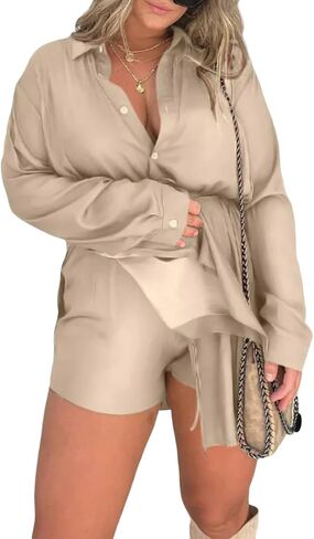 Aopwsrlyi 2025 New Satin Covered Nights Romper Dress for Women Causal Long Sleeve Button Down Romper Dress with Shorts in Saudi Arabia