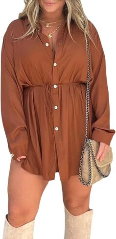 Aopwsrlyi 2025 New Satin Covered Nights Romper Dress for Women Causal Long Sleeve Button Down Romper Dress with Shorts in Saudi Arabia