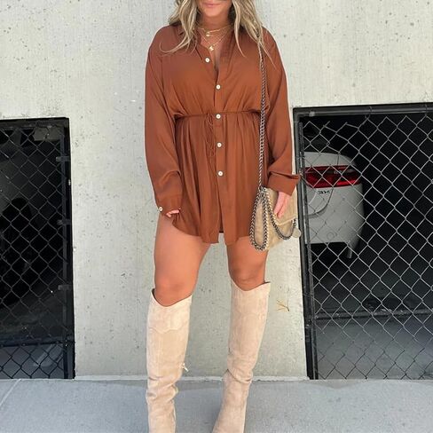 Aopwsrlyi 2025 New Satin Covered Nights Romper Dress for Women Causal Long Sleeve Button Down Romper Dress with Shorts in Saudi Arabia
