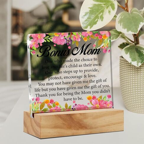 Acrylic Stepmom Gift Stepmother Desk Decor Present, Bonus Mom Definition Decorative Clear Acrylic Desk Plaque Sign with Wood Stand for Home Birthday Mother's Day Christmas in Saudi Arabia