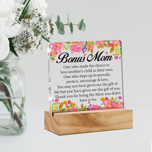 Acrylic Stepmom Gift Stepmother Desk Decor Present, Bonus Mom Definition Decorative Clear Acrylic Desk Plaque Sign with Wood Stand for Home Birthday Mother's Day Christmas in Saudi Arabia