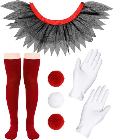 Jecery 6 Pcs Women's Creepy Clown Halloween Costume Accessories Gloves, Collar, Pompoms, Thigh Stockings for Cosplay Party in Saudi Arabia