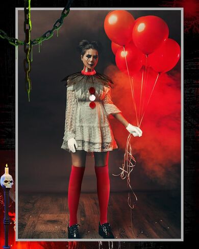 Jecery 6 Pcs Women's Creepy Clown Halloween Costume Accessories Gloves, Collar, Pompoms, Thigh Stockings for Cosplay Party in Saudi Arabia