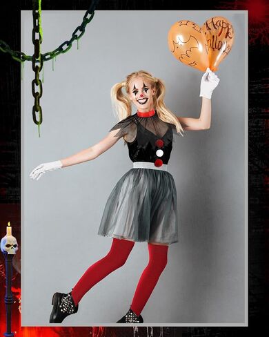 Jecery 6 Pcs Women's Creepy Clown Halloween Costume Accessories Gloves, Collar, Pompoms, Thigh Stockings for Cosplay Party in Saudi Arabia