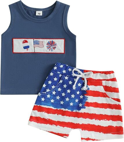 FYBITBO Baby Boy Summer Clothes Toddler 4th of July Outfit Boy Usa Sleeveless Shirt Tank Top Stars Stripes Shorts Set in Saudi Arabia