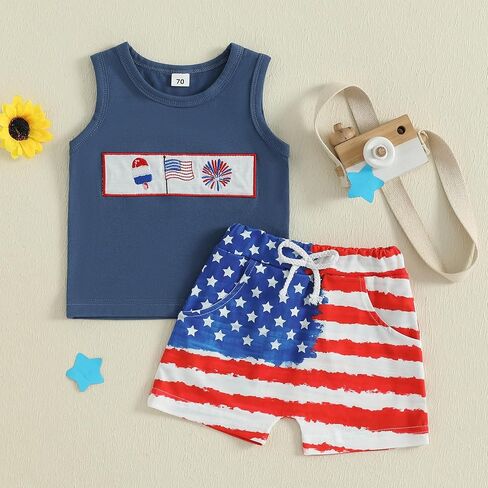 FYBITBO Baby Boy Summer Clothes Toddler 4th of July Outfit Boy Usa Sleeveless Shirt Tank Top Stars Stripes Shorts Set in Saudi Arabia