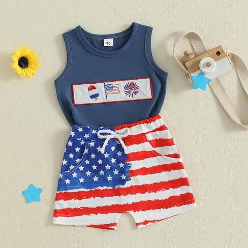 FYBITBO Baby Boy Summer Clothes Toddler 4th of July Outfit Boy Usa Sleeveless Shirt Tank Top Stars Stripes Shorts Set in Saudi Arabia