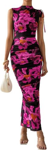 PRETTYGARDEN Women's Summer Maxi Floral Dresses Ruched Bodycon Sleeveless Mesh Formal Wedding Guest Cocktail Split Long Dress in Saudi Arabia