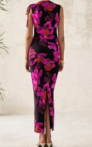 PRETTYGARDEN Women's Summer Maxi Floral Dresses Ruched Bodycon Sleeveless Mesh Formal Wedding Guest Cocktail Split Long Dress in Saudi Arabia