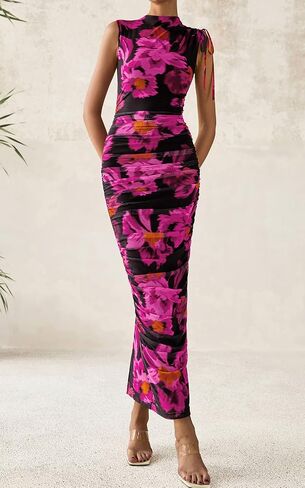 PRETTYGARDEN Women's Summer Maxi Floral Dresses Ruched Bodycon Sleeveless Mesh Formal Wedding Guest Cocktail Split Long Dress in Saudi Arabia
