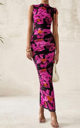 PRETTYGARDEN Women's Summer Maxi Floral Dresses Ruched Bodycon Sleeveless Mesh Formal Wedding Guest Cocktail Split Long Dress in Saudi Arabia