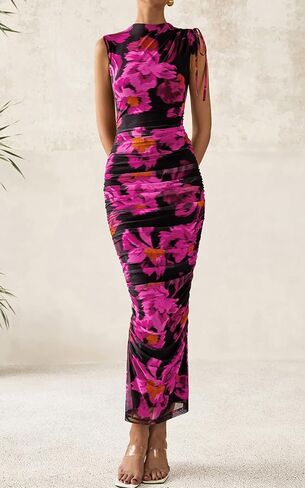 PRETTYGARDEN Women's Summer Maxi Floral Dresses Ruched Bodycon Sleeveless Mesh Formal Wedding Guest Cocktail Split Long Dress in Saudi Arabia