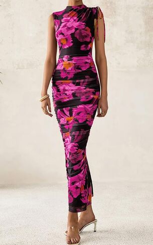 PRETTYGARDEN Women's Summer Maxi Floral Dresses Ruched Bodycon Sleeveless Mesh Formal Wedding Guest Cocktail Split Long Dress in Saudi Arabia