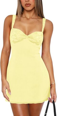 Women's Summer Mini Dresses Sleeveless Sexy Square Neck Lace Splicing Cocktail Party Straps Bodycon Dress in Kuwait