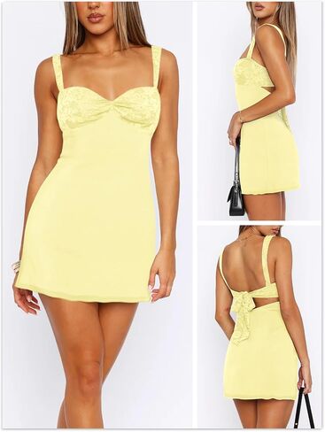 Women's Summer Mini Dresses Sleeveless Sexy Square Neck Lace Splicing Cocktail Party Straps Bodycon Dress in Kuwait
