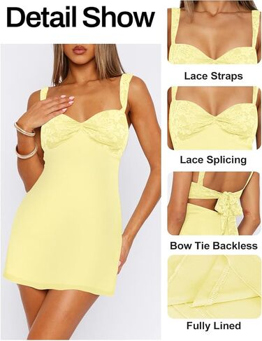 Women's Summer Mini Dresses Sleeveless Sexy Square Neck Lace Splicing Cocktail Party Straps Bodycon Dress in Kuwait