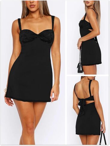Women's Summer Mini Dresses Sleeveless Sexy Square Neck Lace Splicing Cocktail Party Straps Bodycon Dress in Kuwait