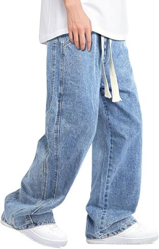 Mens Baggy Jeans Elastic Waisted Denim Pants for Men with Drawstring Streetwear in Saudi Arabia