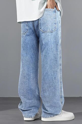 Mens Baggy Jeans Elastic Waisted Denim Pants for Men with Drawstring Streetwear in Saudi Arabia