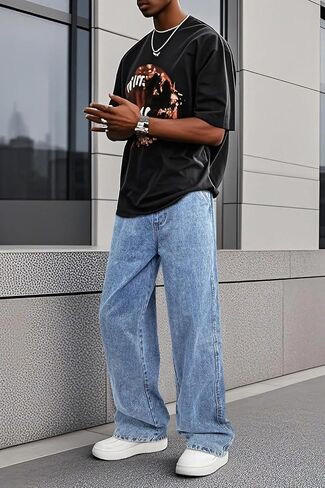 Mens Baggy Jeans Elastic Waisted Denim Pants for Men with Drawstring Streetwear in Saudi Arabia