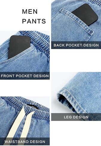 Mens Baggy Jeans Elastic Waisted Denim Pants for Men with Drawstring Streetwear in Saudi Arabia
