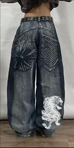 Unisex Y2K Hip Hop Street Jeans with Skeleton Print, Gothic Baggy Jeans, Vintage High Waist Denim, Wide Leg Pants in Kuwait