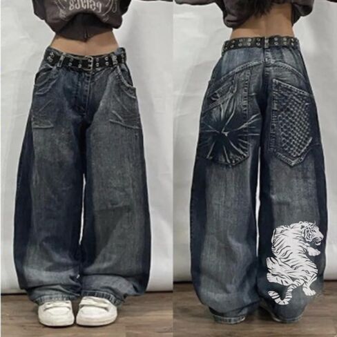Unisex Y2K Hip Hop Street Jeans with Skeleton Print, Gothic Baggy Jeans, Vintage High Waist Denim, Wide Leg Pants in Kuwait