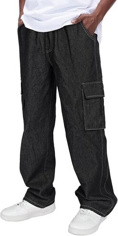 Mens Baggy Jeans Elastic Waisted Denim Pants for Men with Drawstring Streetwear in Saudi Arabia