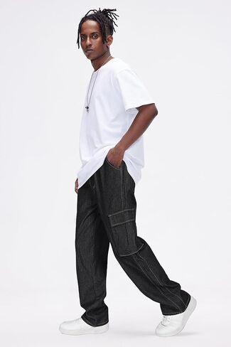 Mens Baggy Jeans Elastic Waisted Denim Pants for Men with Drawstring Streetwear in Saudi Arabia
