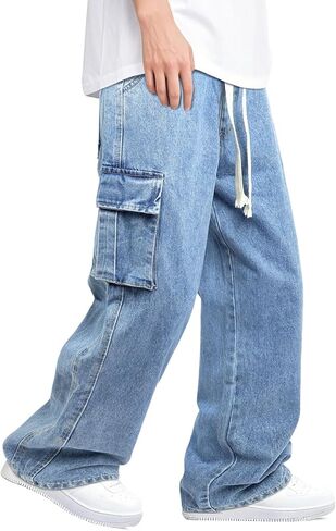Mens Baggy Jeans Elastic Waisted Denim Pants for Men with Drawstring Streetwear in Kuwait