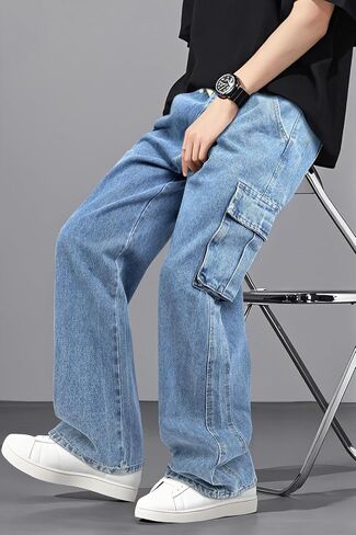 Mens Baggy Jeans Elastic Waisted Denim Pants for Men with Drawstring Streetwear in Kuwait
