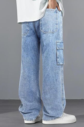 Mens Baggy Jeans Elastic Waisted Denim Pants for Men with Drawstring Streetwear in Kuwait