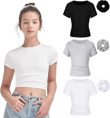 EXARUS 3 Pack Girls Cropped Slim Fit T Shirts Short Sleeve Soft Basic Crew/Mock/Square Neck Tees Side Waist Ruched Tops in Saudi Arabia