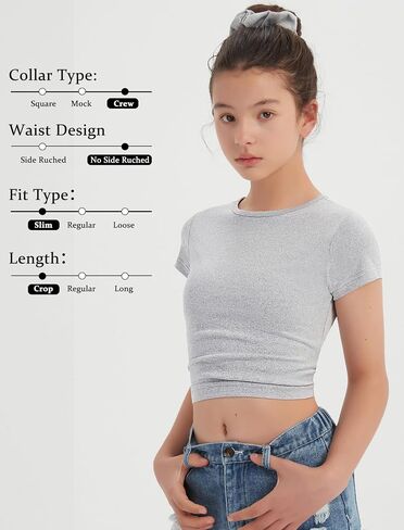 EXARUS 3 Pack Girls Cropped Slim Fit T Shirts Short Sleeve Soft Basic Crew/Mock/Square Neck Tees Side Waist Ruched Tops in Saudi Arabia