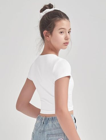 EXARUS 3 Pack Girls Cropped Slim Fit T Shirts Short Sleeve Soft Basic Crew/Mock/Square Neck Tees Side Waist Ruched Tops in Saudi Arabia