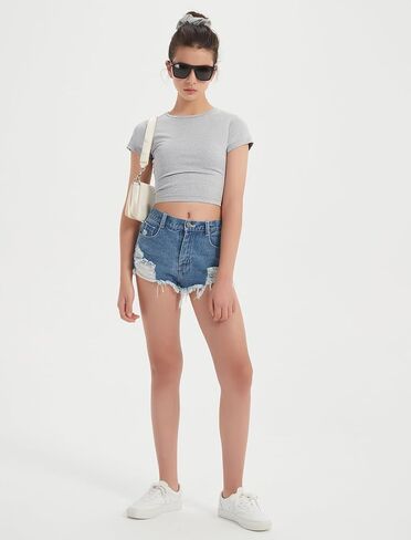 EXARUS 3 Pack Girls Cropped Slim Fit T Shirts Short Sleeve Soft Basic Crew/Mock/Square Neck Tees Side Waist Ruched Tops in Saudi Arabia