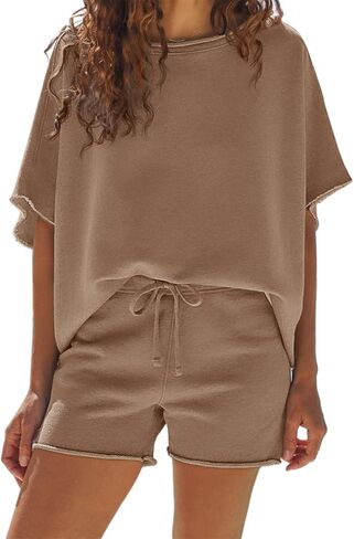 Fisoew Womens Summer 2 Piece Outfits Oversized Casual Short Sleeve Tops and High Waisted Shorts Workout Lounge Short Sets in Saudi Arabia