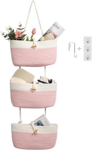 TeoKJ Over the Door Hanging Baskets with Button Strap, 3-Tier Woven Cotton Storage Organizer Bag, Wall-Mounted with Hook Decorative Hanging Nursery Baskets - Black in Saudi Arabia