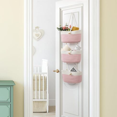 TeoKJ Over the Door Hanging Baskets with Button Strap, 3-Tier Woven Cotton Storage Organizer Bag, Wall-Mounted with Hook Decorative Hanging Nursery Baskets - Black in Saudi Arabia