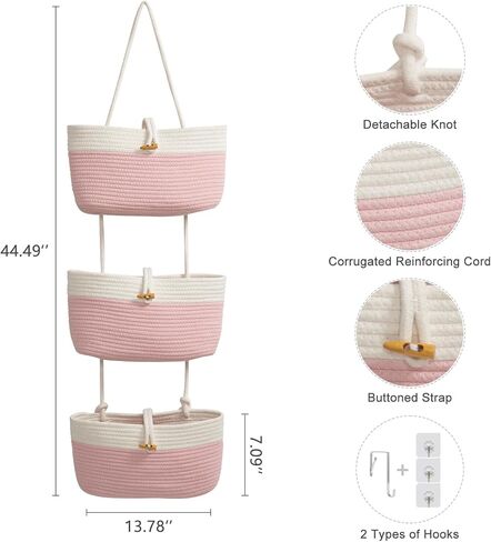 TeoKJ Over the Door Hanging Baskets with Button Strap, 3-Tier Woven Cotton Storage Organizer Bag, Wall-Mounted with Hook Decorative Hanging Nursery Baskets - Black in Saudi Arabia
