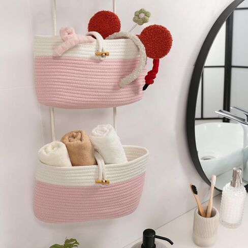 TeoKJ Over the Door Hanging Baskets with Button Strap, 3-Tier Woven Cotton Storage Organizer Bag, Wall-Mounted with Hook Decorative Hanging Nursery Baskets - Black in Saudi Arabia